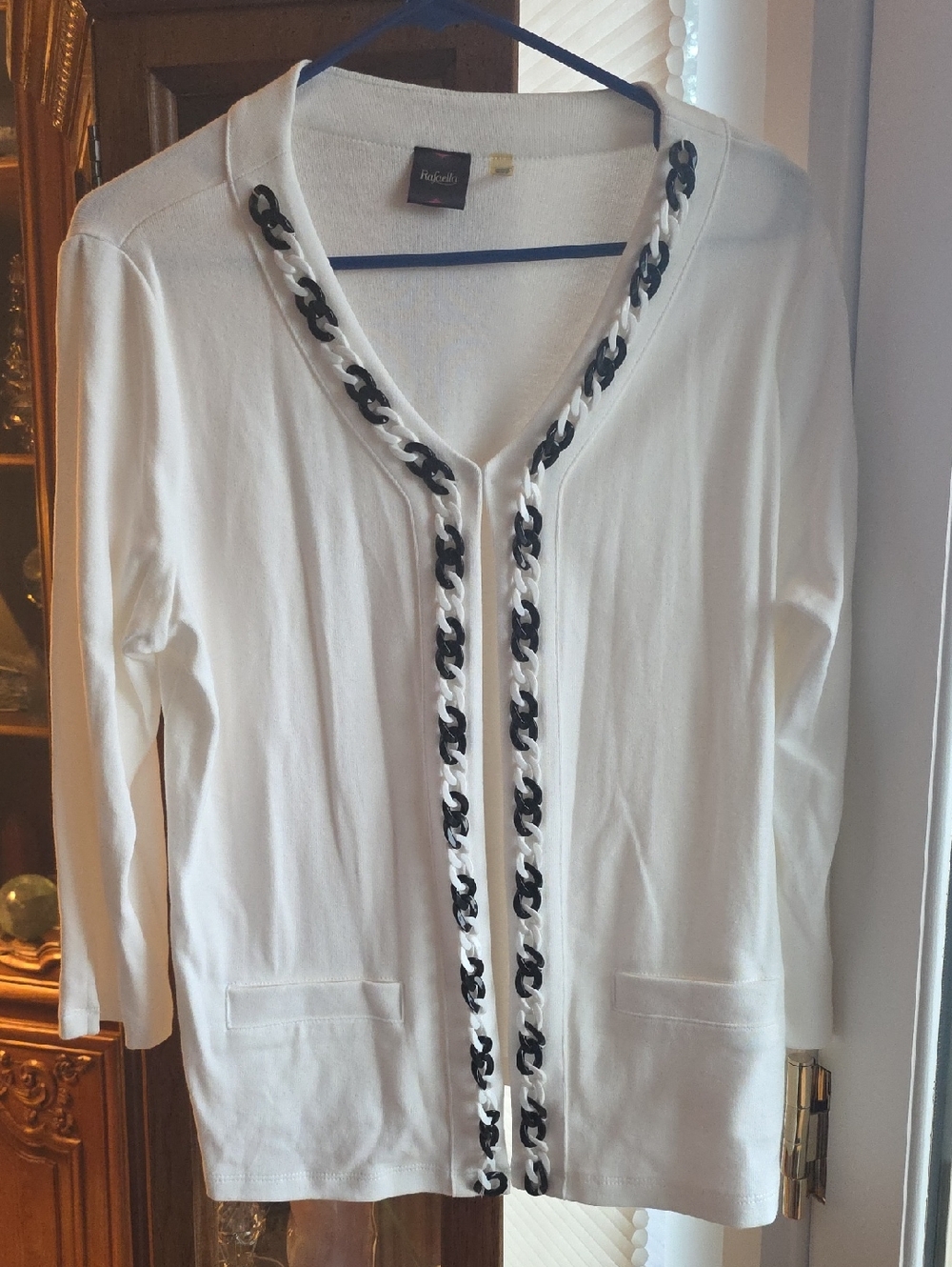 Rafaella White V-Neck Cardigan with Black Chain Trim